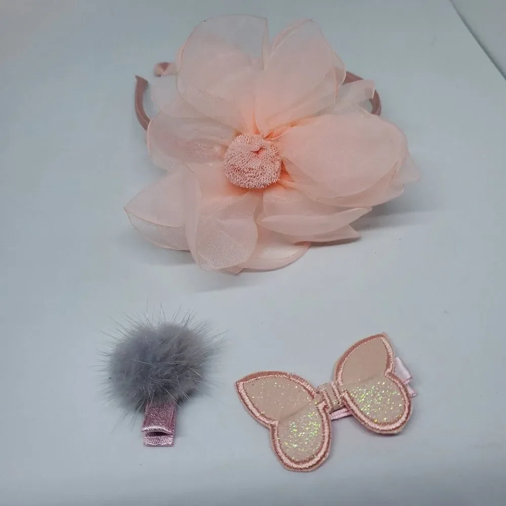 NIB Chicbaby Pink & Gray Flower Hair Accessories